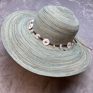 Sunday Afternoons Caribbean Sun Hat Womens M Blue Shell Button Trim Beach Resort